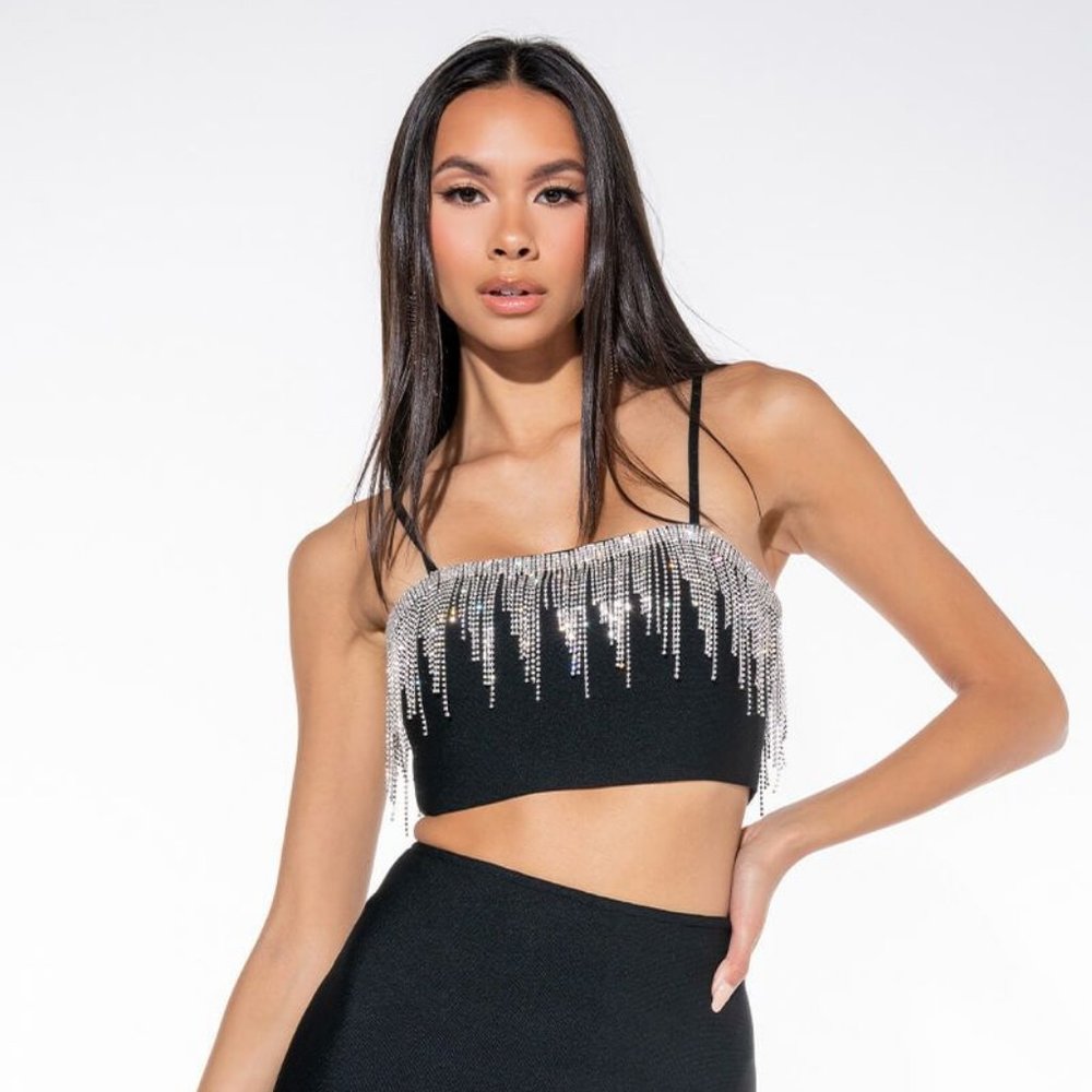 Akira Crop Tank Top with Rhinestone Fringe Size M